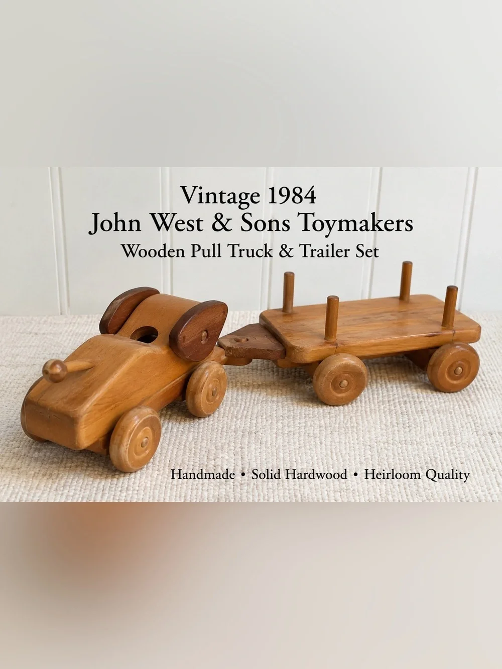 Vintage John West & Sons Toymakers Wooden Pull Truck & Trailer Set 1984 Handmade